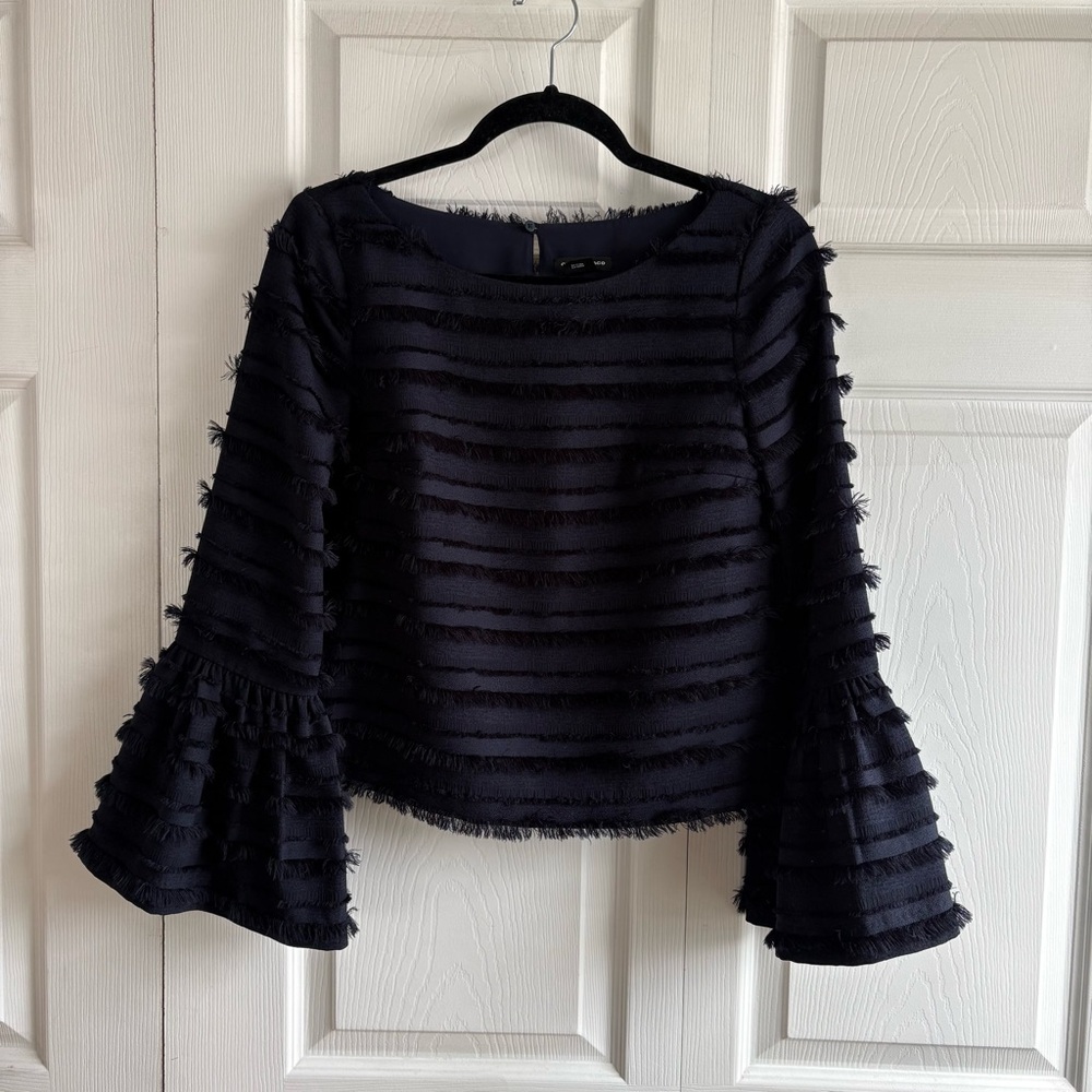 Club Monaco Dark Blue Raffle Flare Sleeve Blouse Preppy Boho XS Party Cocktail